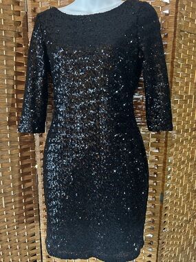 Crystal Doll Black Sequin Dress M 3/4 Sleeve Scoop Back Bodycon Party Elegant